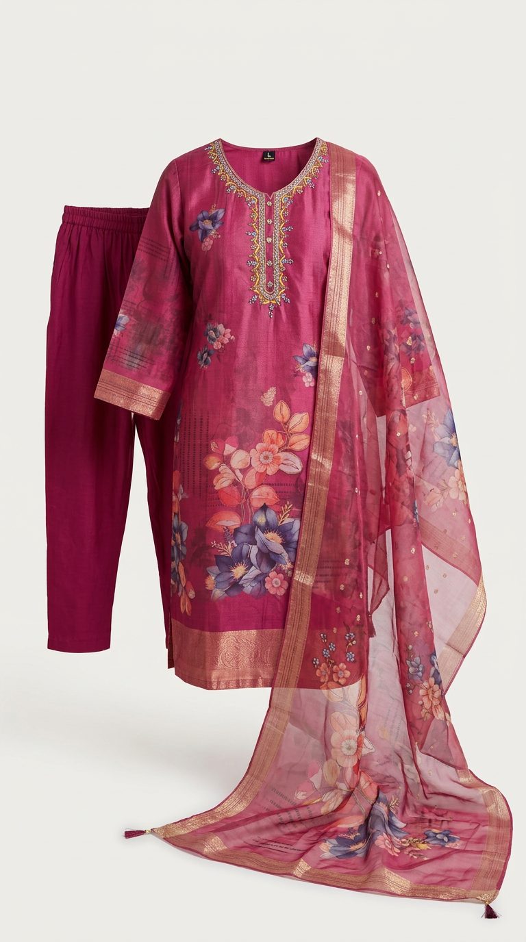 Fuchsia chanderi suit — catalog
