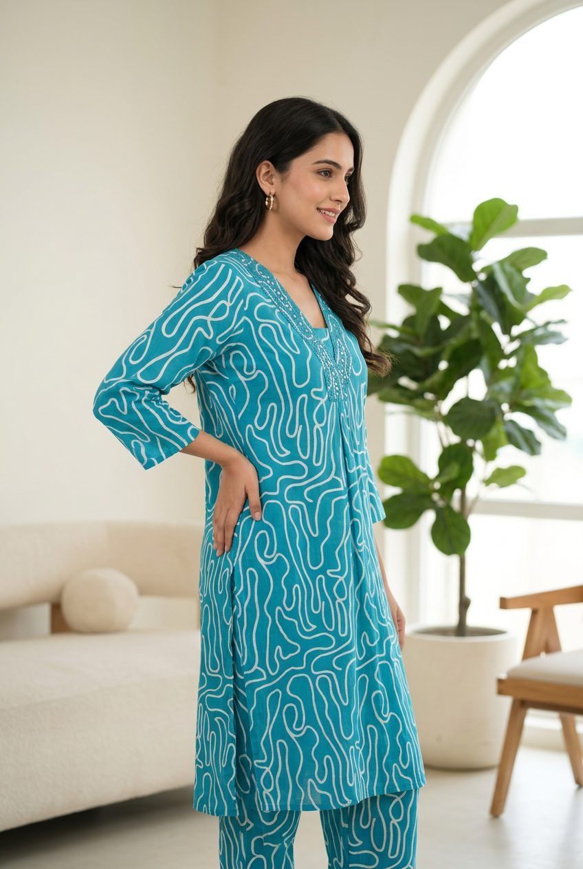 Sadhana teal co-ord set side