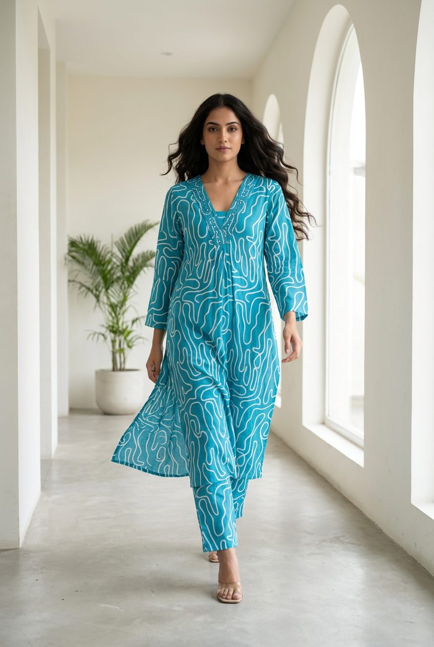 Sadhana teal co-ord set walking