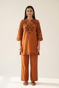 Sadhana rust orange embroidered co-ord set front
