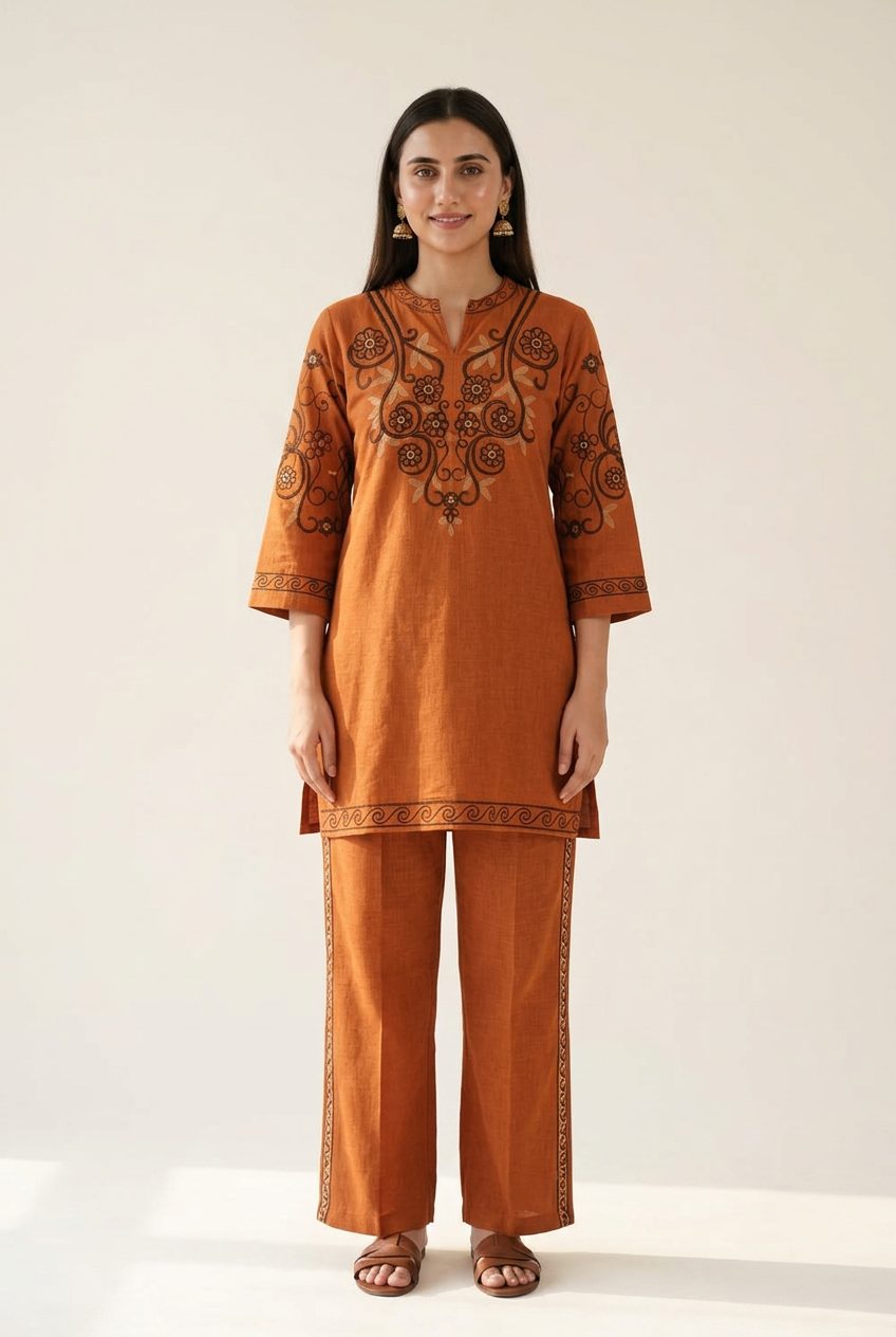 Sadhana rust orange embroidered co-ord set front
