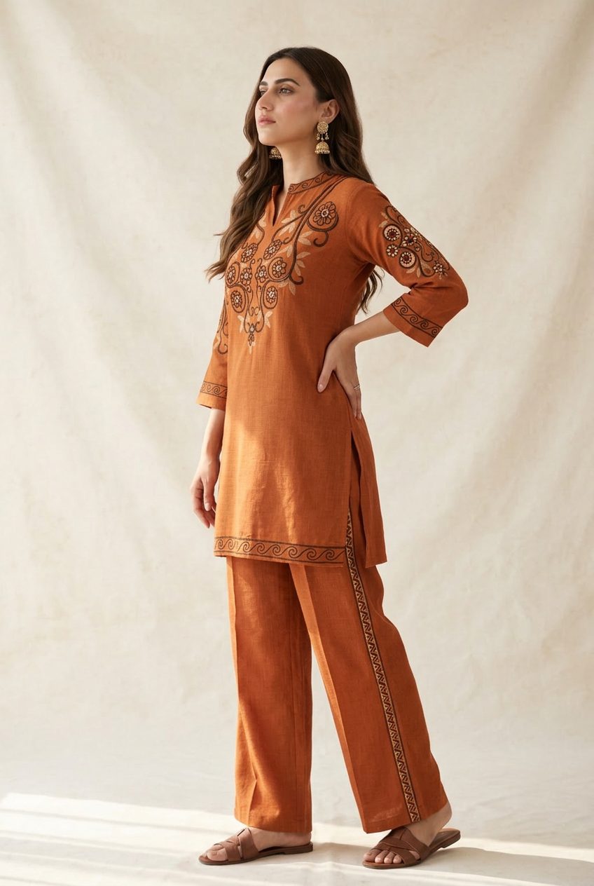 Sadhana rust orange embroidered co-ord set side