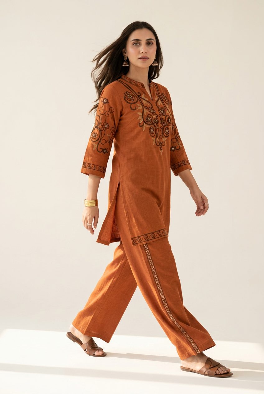 Sadhana rust orange embroidered co-ord set walking