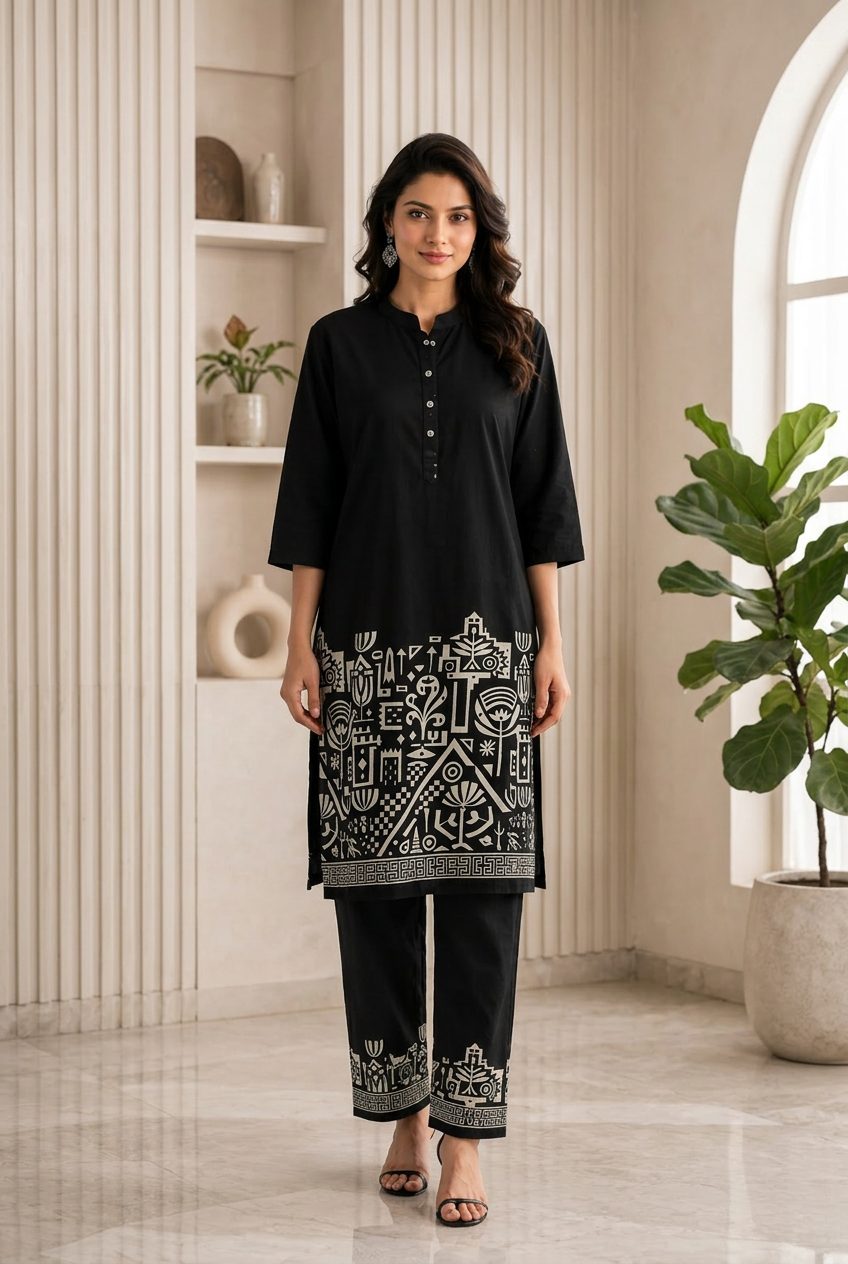 Sadhana black tribal border co-ord set front
