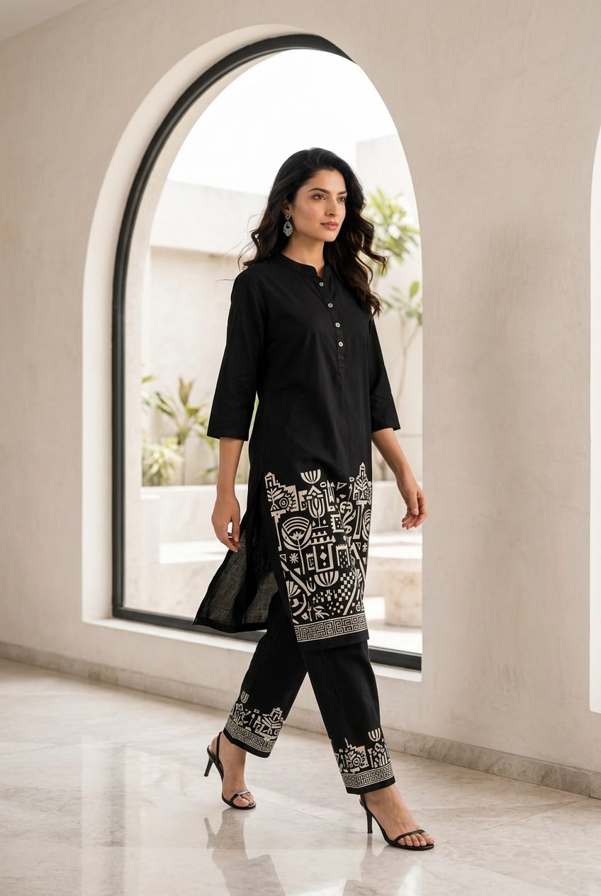 Sadhana black tribal border co-ord set walking