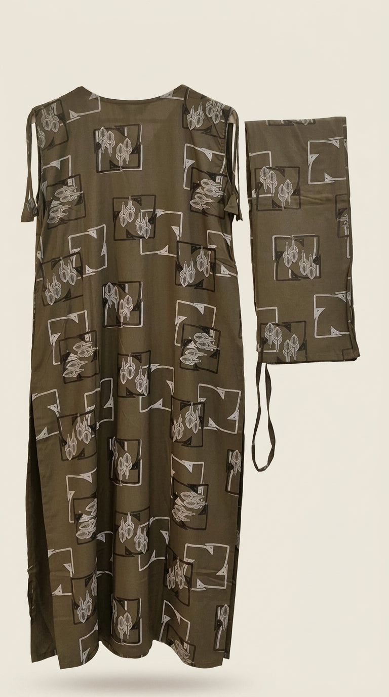 Olive brown printed co-ord set flat-lay back