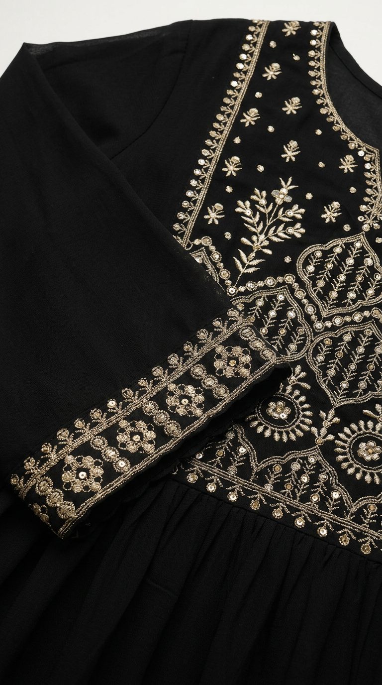 Close-up detail of neckline and sleeve embroidery