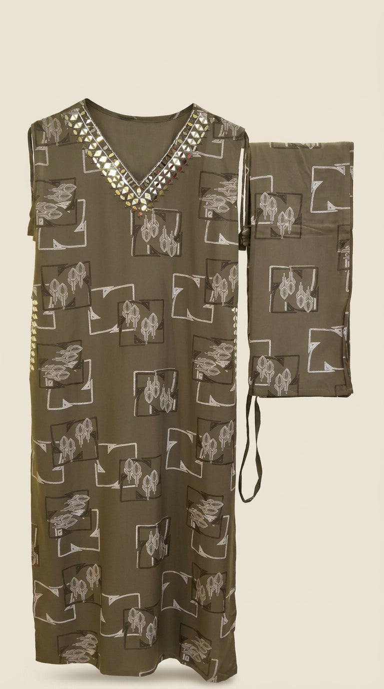 Olive brown printed co-ord set flat-lay front