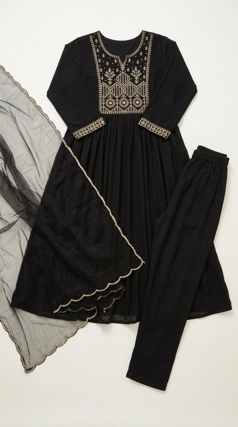 Catalog flat lay of Biba black zari embroidered anarkali suit set