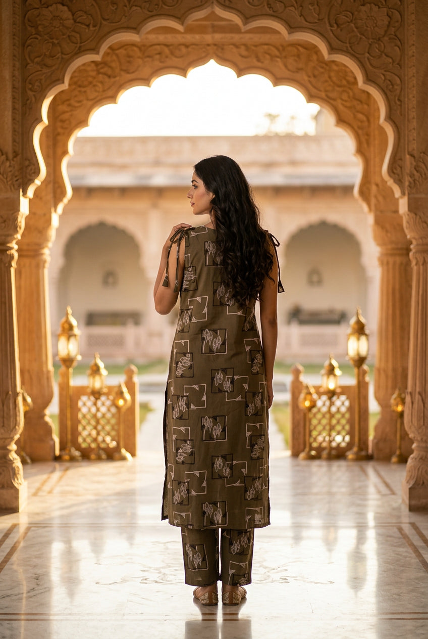 Olive brown co-ord set back view on model