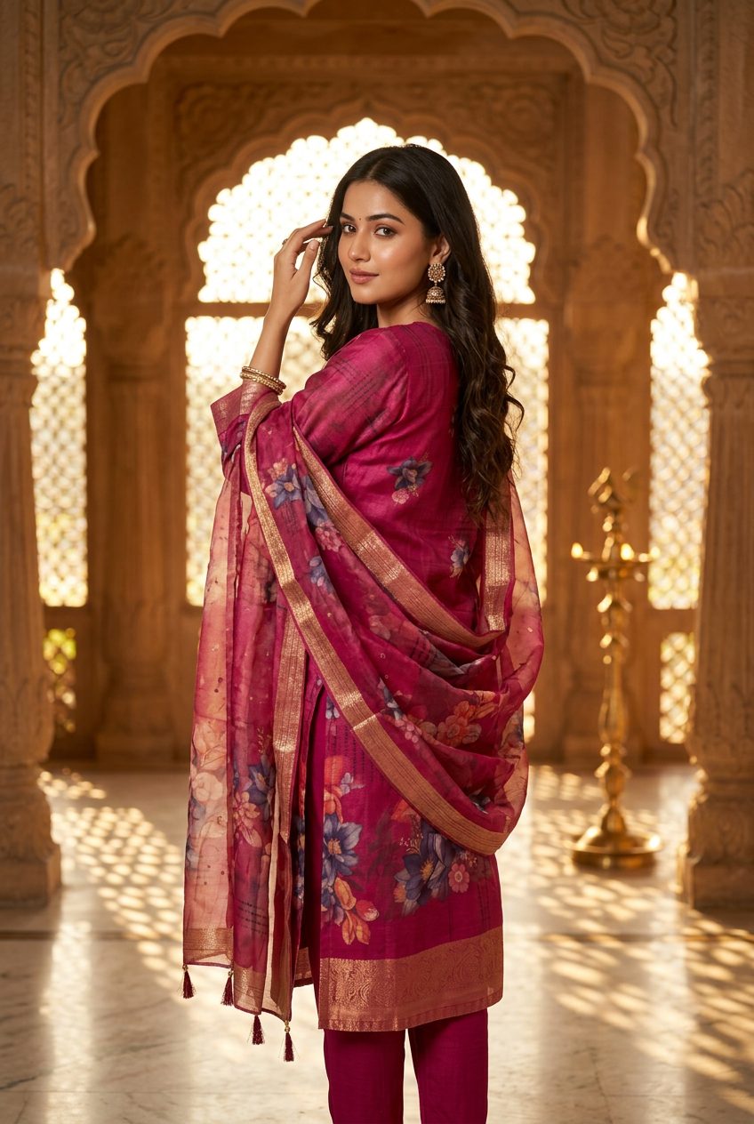 Fuchsia chanderi suit — back