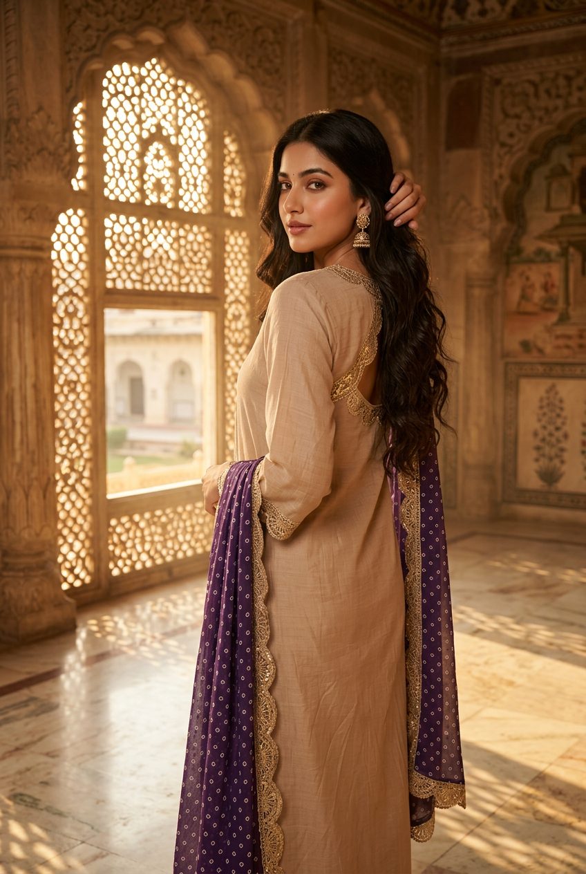 Sadhana beige suit back model shot