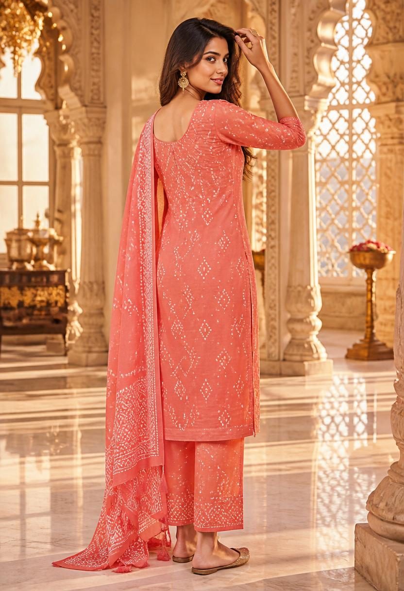 Sadhana Peach Bandhani Kurta Suit Set back view