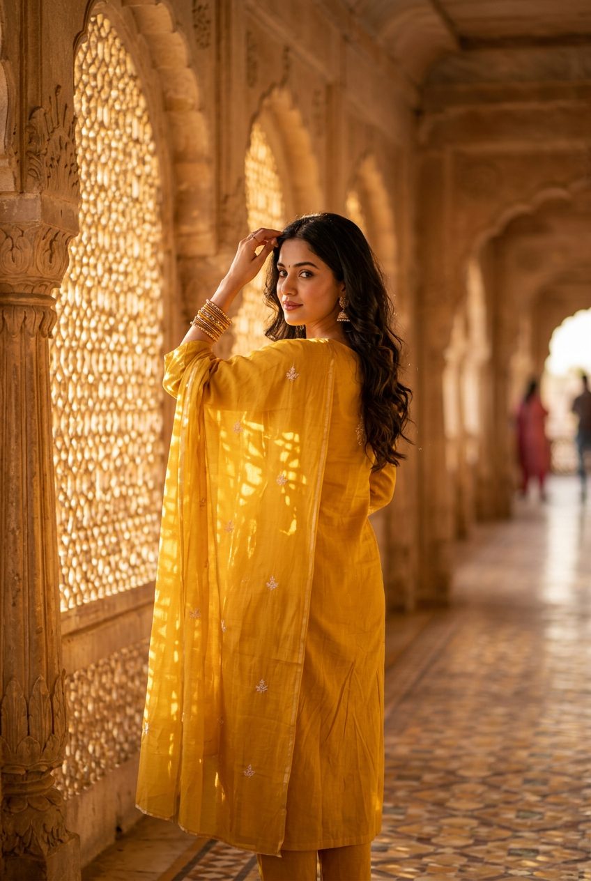 Sadhana Mustard Embroidered Kurta Suit Set back view