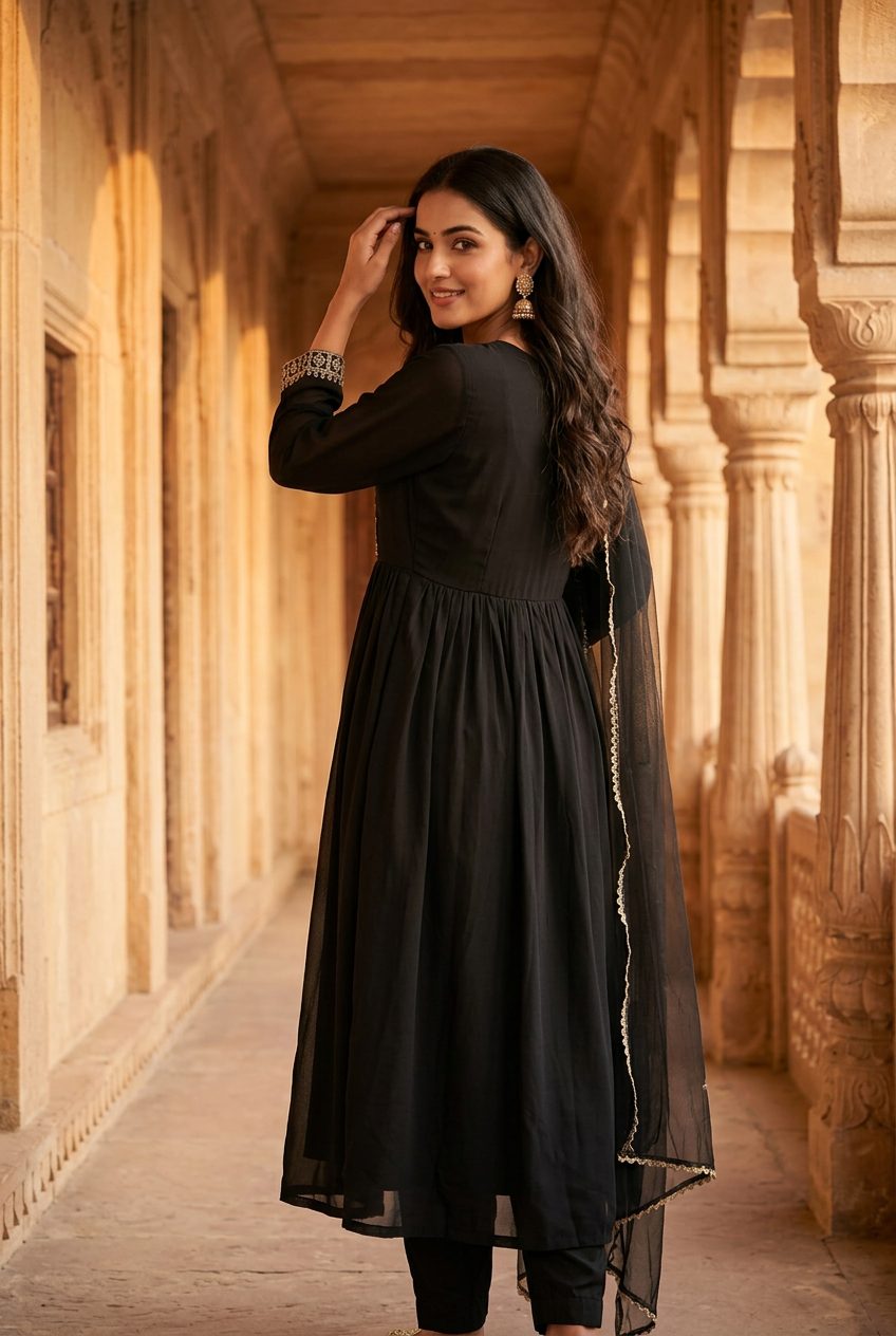 Back view of Biba black zari embroidered anarkali suit set