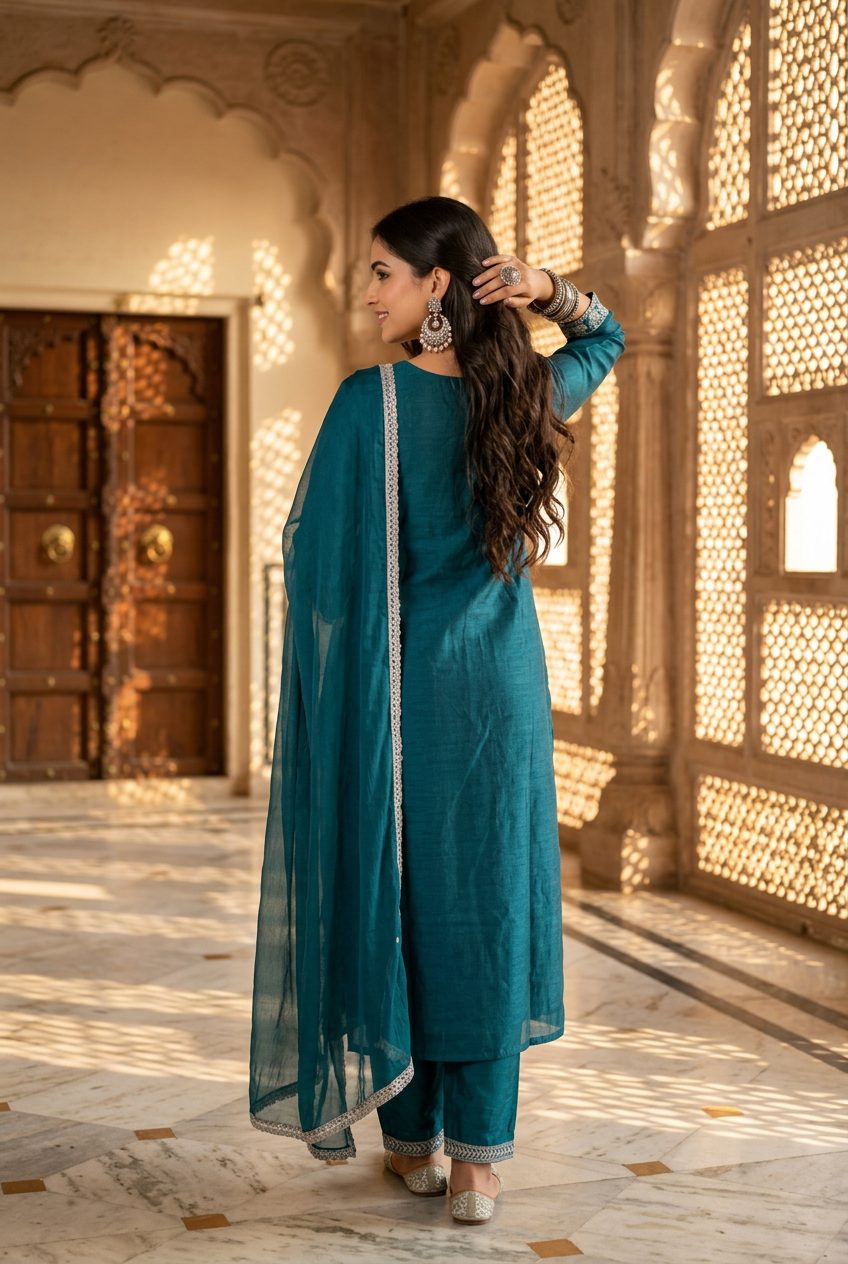 Sadhana teal suit back model shot
