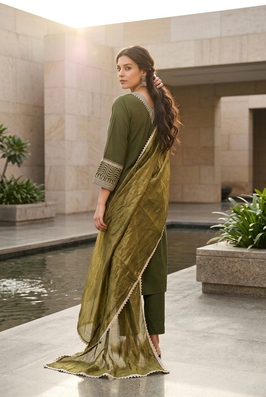 Olive green suit set back view with dupatta drape