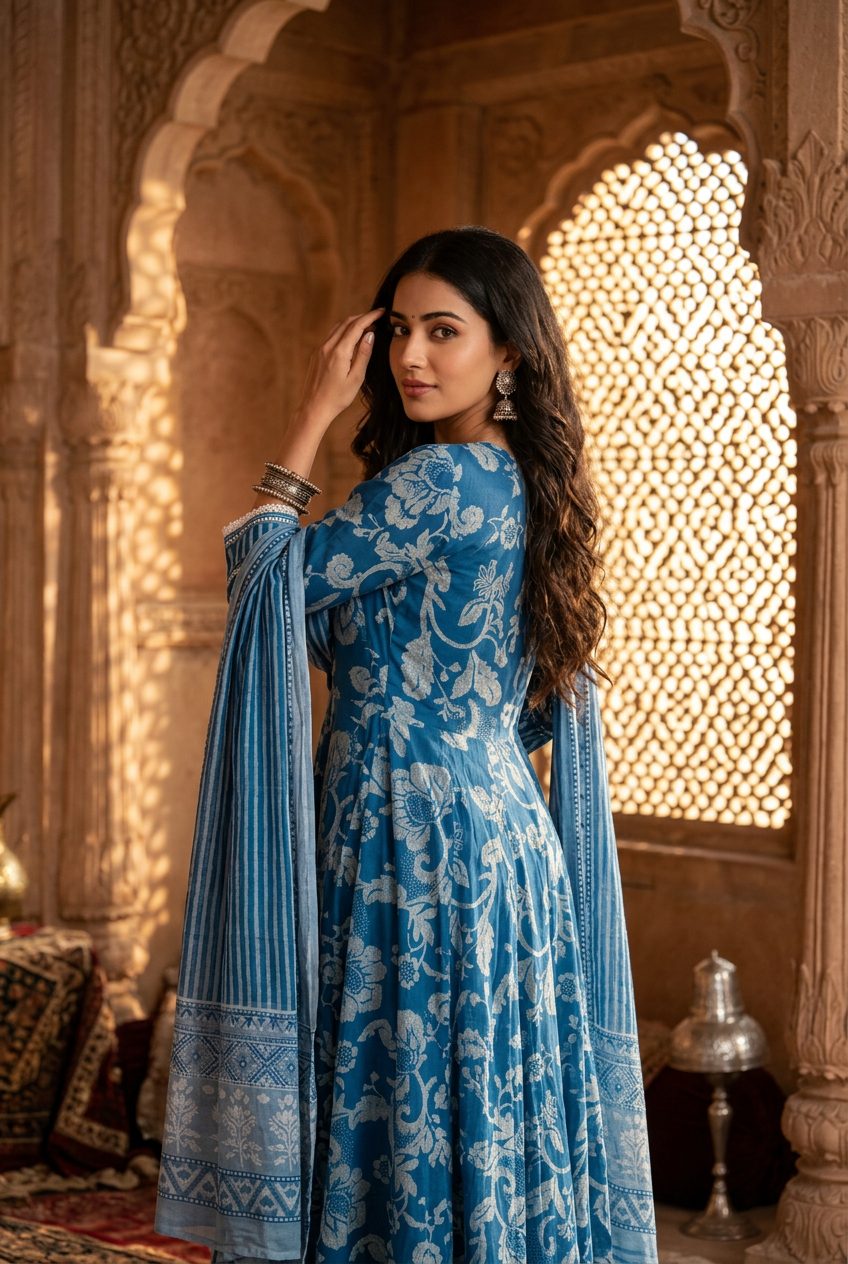 Sadhana Indigo Floral Anarkali Suit Set back view