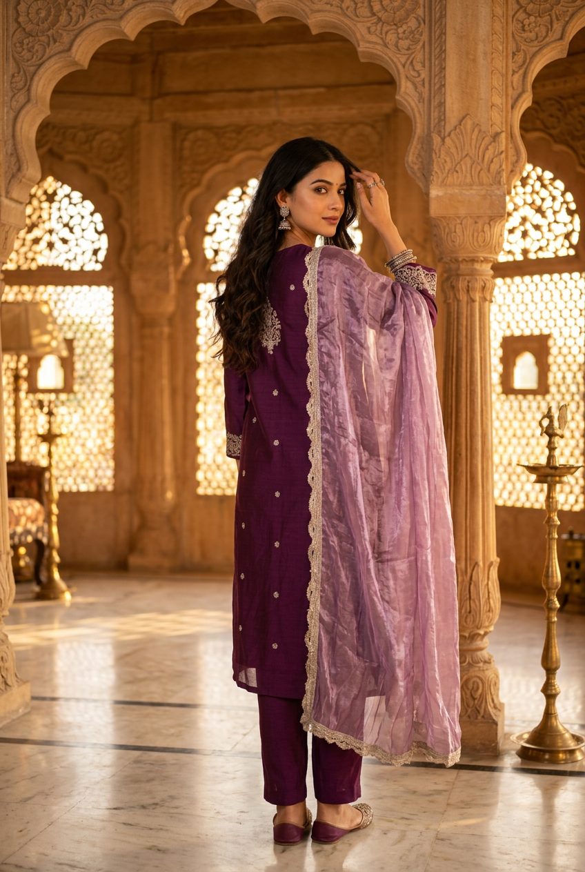 Wine purple embroidered suit — back view