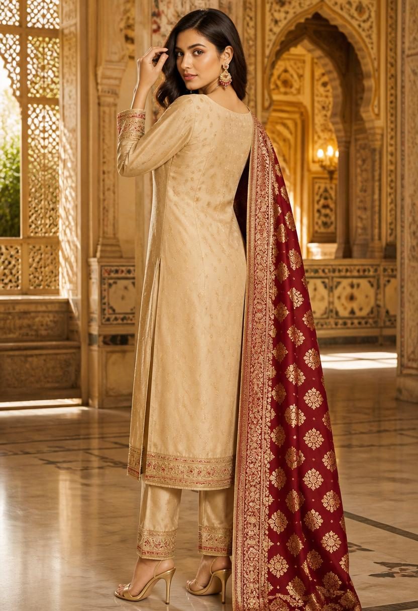 Sadhana Beige Kurta Suit Set with Banarasi Dupatta back view