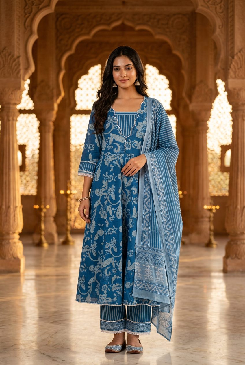 Sadhana Indigo Floral Anarkali Suit Set front view