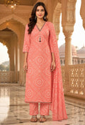 Sadhana Peach Bandhani Kurta Suit Set front view