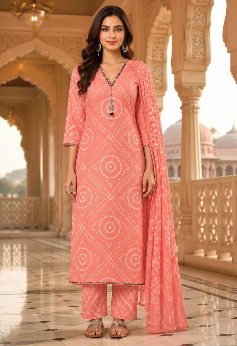 Sadhana Peach Bandhani Kurta Suit Set front view
