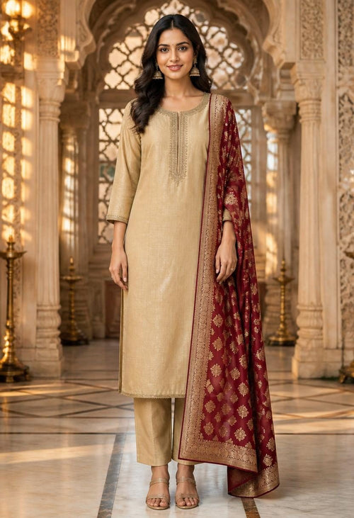 Sadhana Beige Kurta Suit Set with Banarasi Dupatta front view