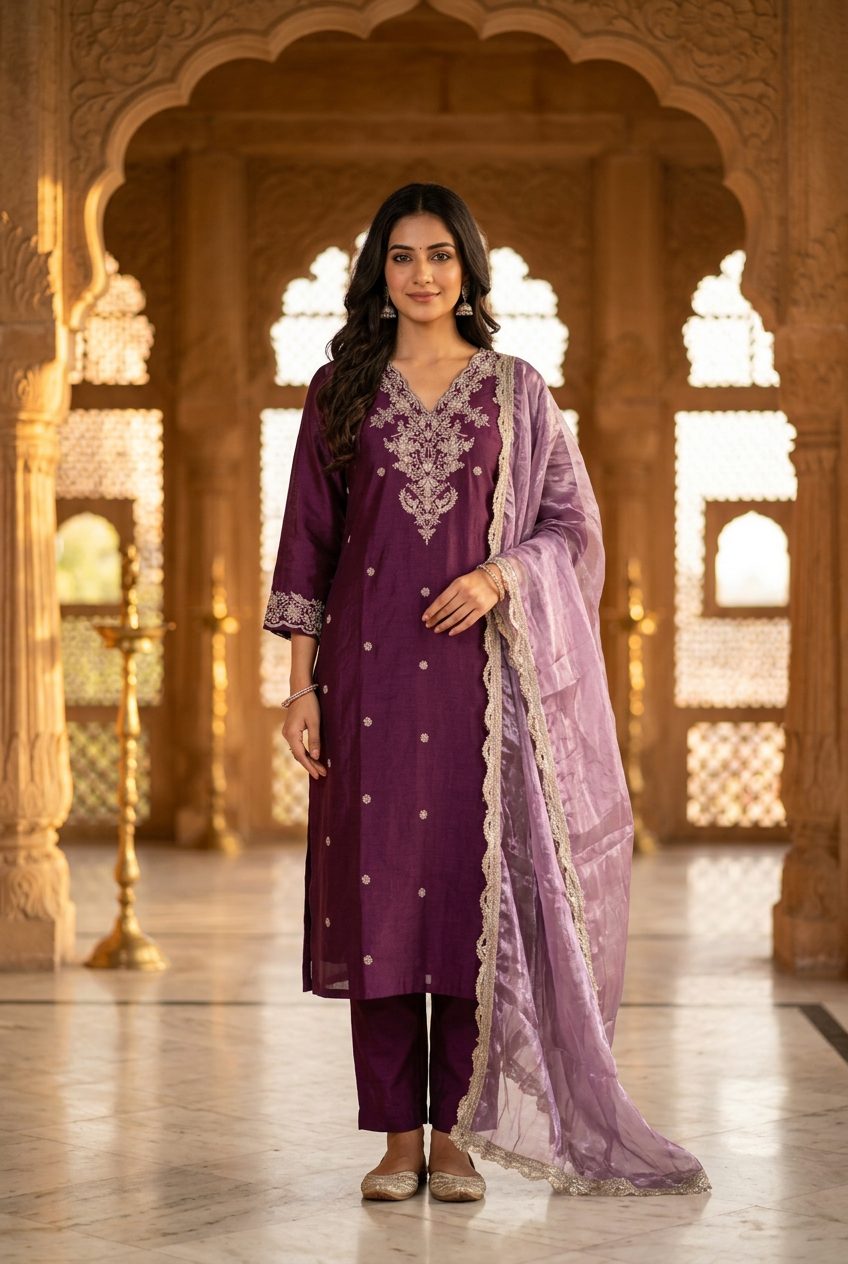 Wine purple embroidered suit — model front