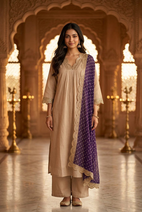 Sadhana beige suit front model shot