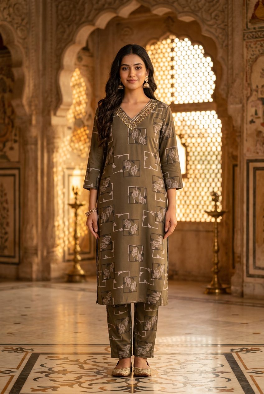 Olive brown printed co-ord set front on model