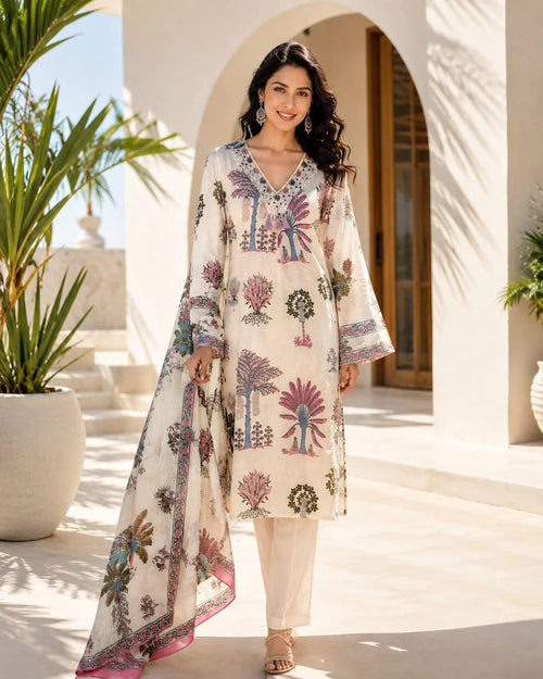 Front view - Ivory palm print cotton suit set