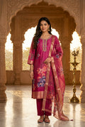 Fuchsia floral chanderi suit — front