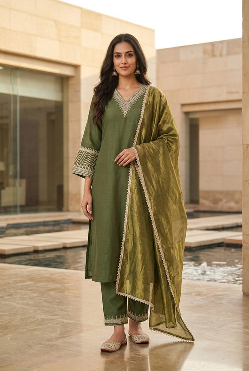 Olive green suit set front view with dupatta