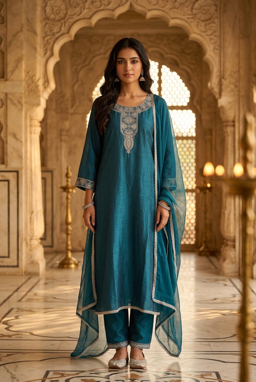 Sadhana teal suit front model shot