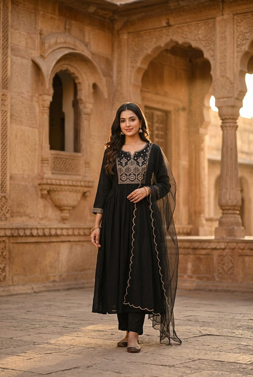 Front view of Biba black zari embroidered anarkali suit set