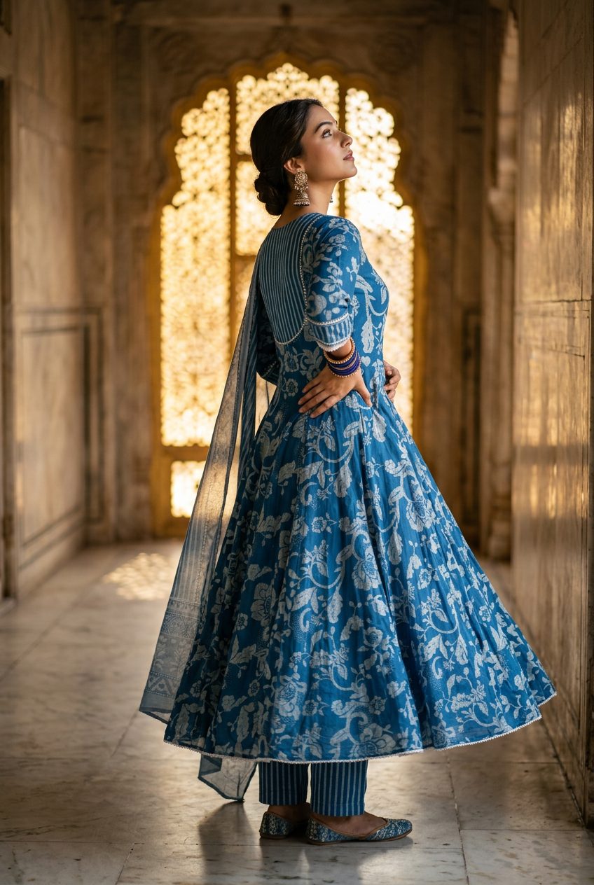 Sadhana Indigo Floral Anarkali Suit Set side view