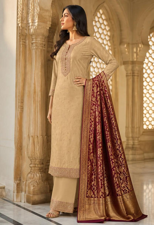 Sadhana Beige Kurta Suit Set with Banarasi Dupatta side view