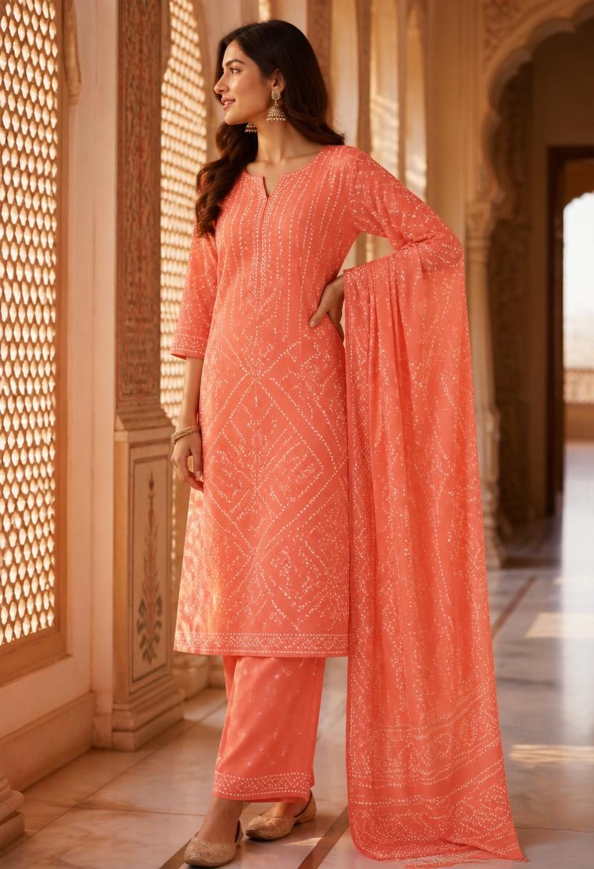 Sadhana Peach Bandhani Kurta Suit Set side view