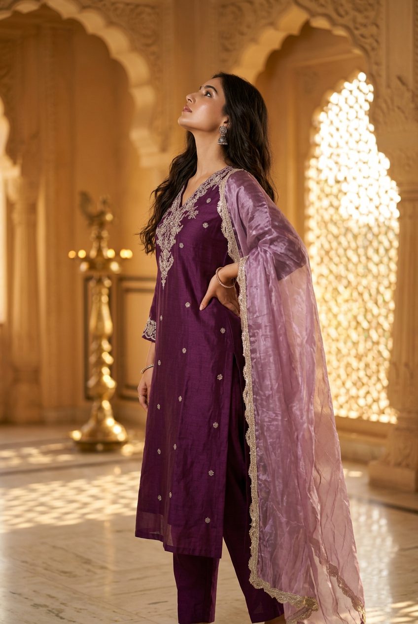Wine purple embroidered suit — side profile