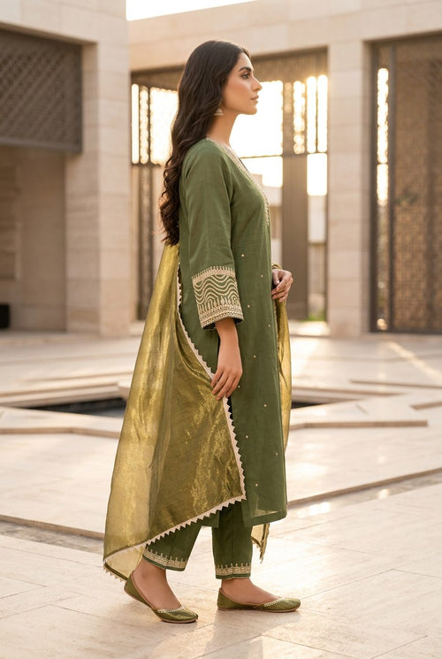 Olive green suit set side profile with dupatta