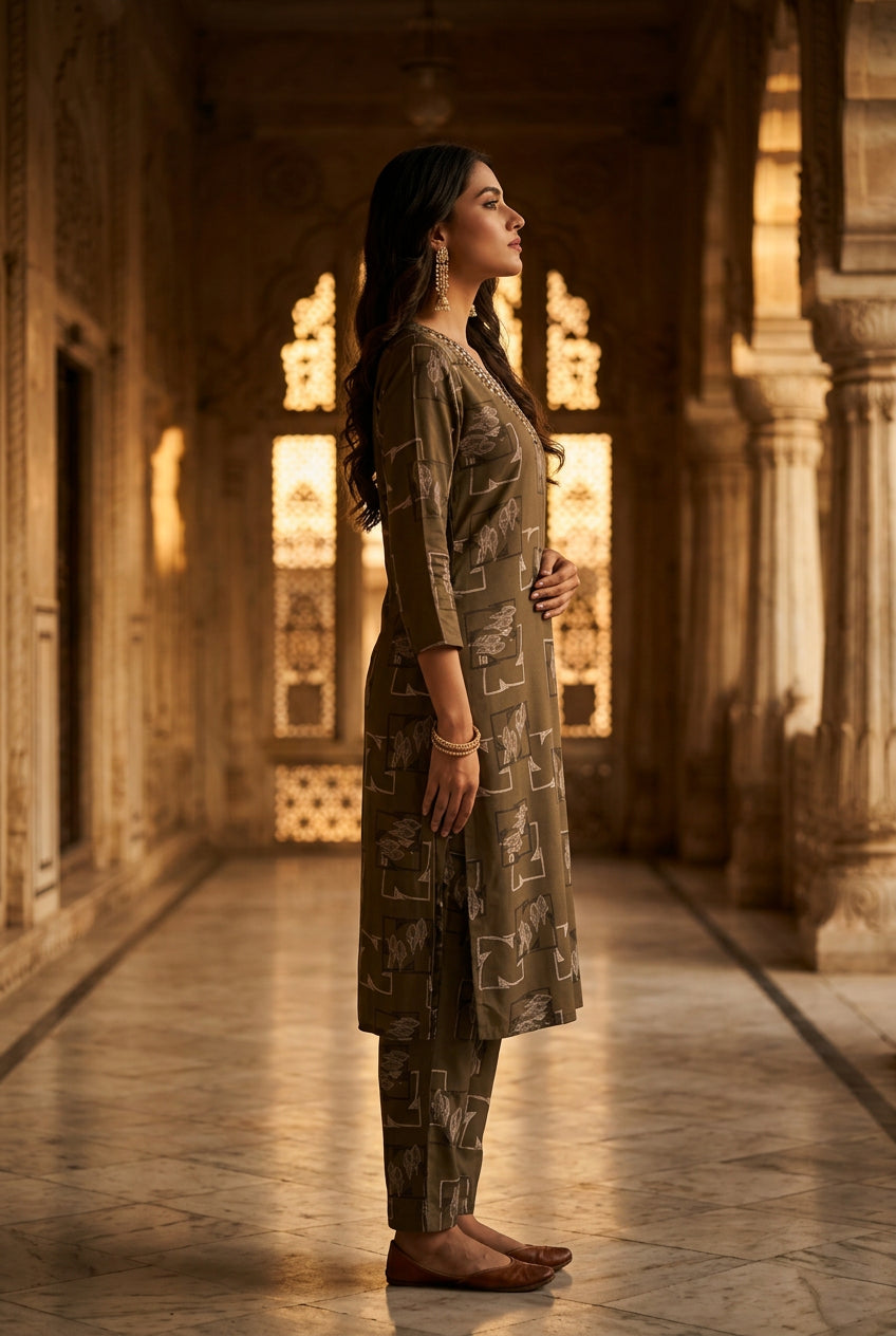 Olive brown co-ord set side profile on model