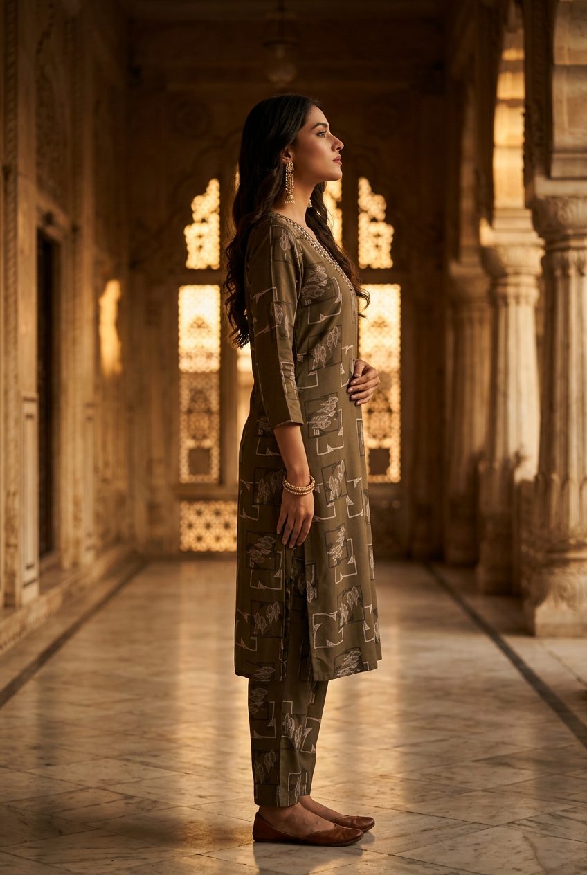 Olive brown co-ord set side on model