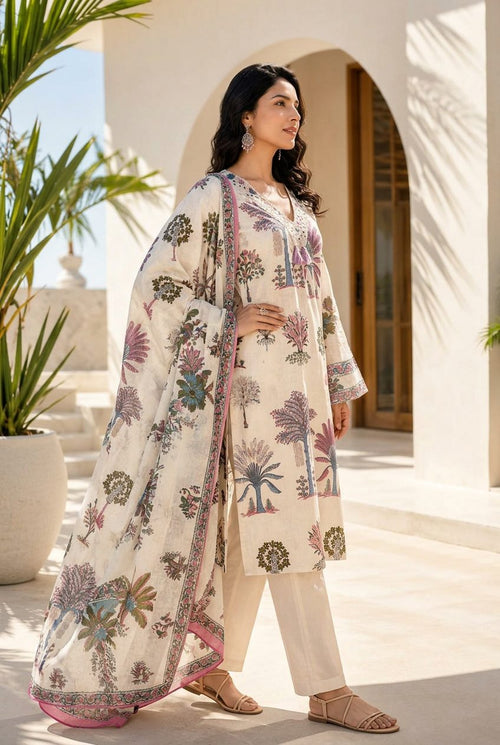 Side view - Ivory palm print cotton suit set