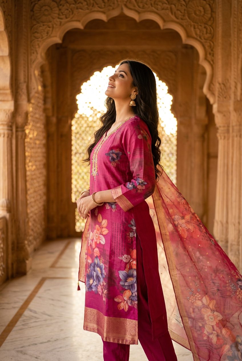 Fuchsia chanderi suit — side