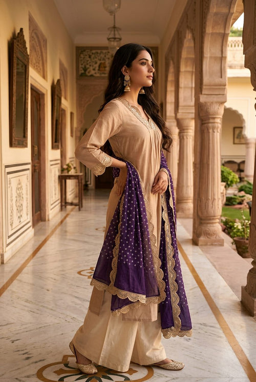 Sadhana beige suit side model shot
