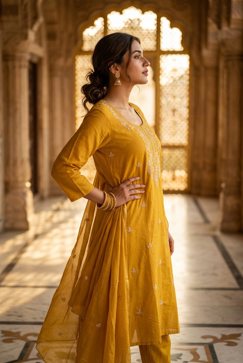 Sadhana Mustard Embroidered Kurta Suit Set side view