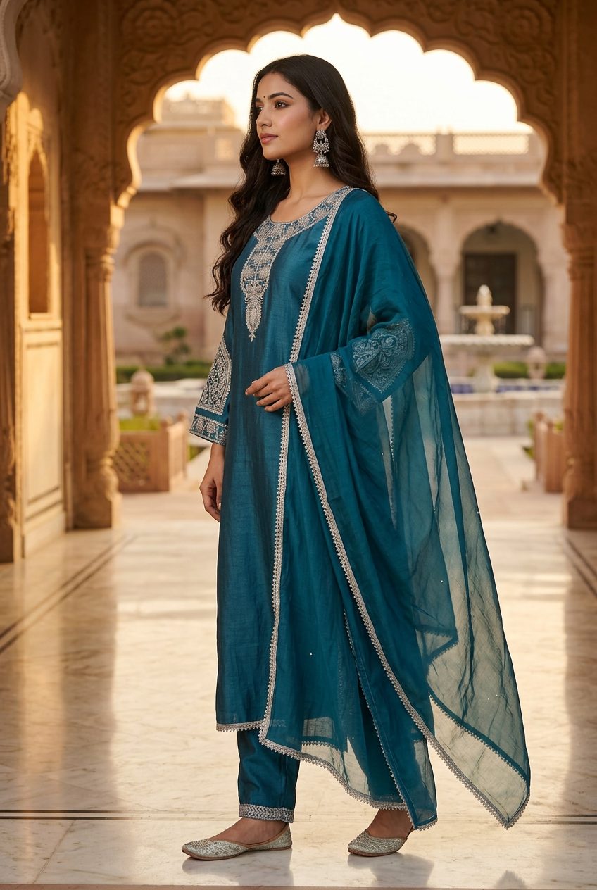 Sadhana teal suit side model shot