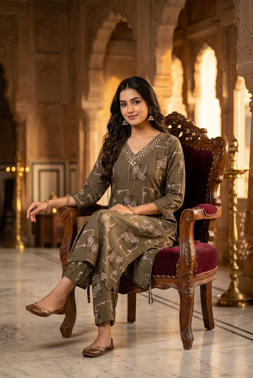 Model seated in olive brown co-ord set