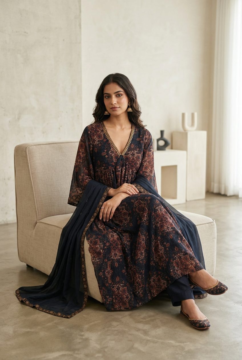 Navy Mughal anarkali sitting